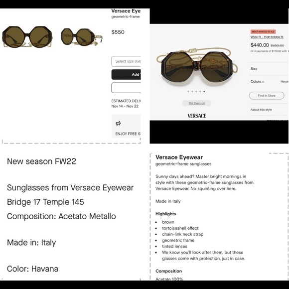 VERSACE RUNWAY HAVANA FRAMES WITH GOLD- TONE DETACHABLE CHAIN SUNGLASSES - Picture 11 of 16
